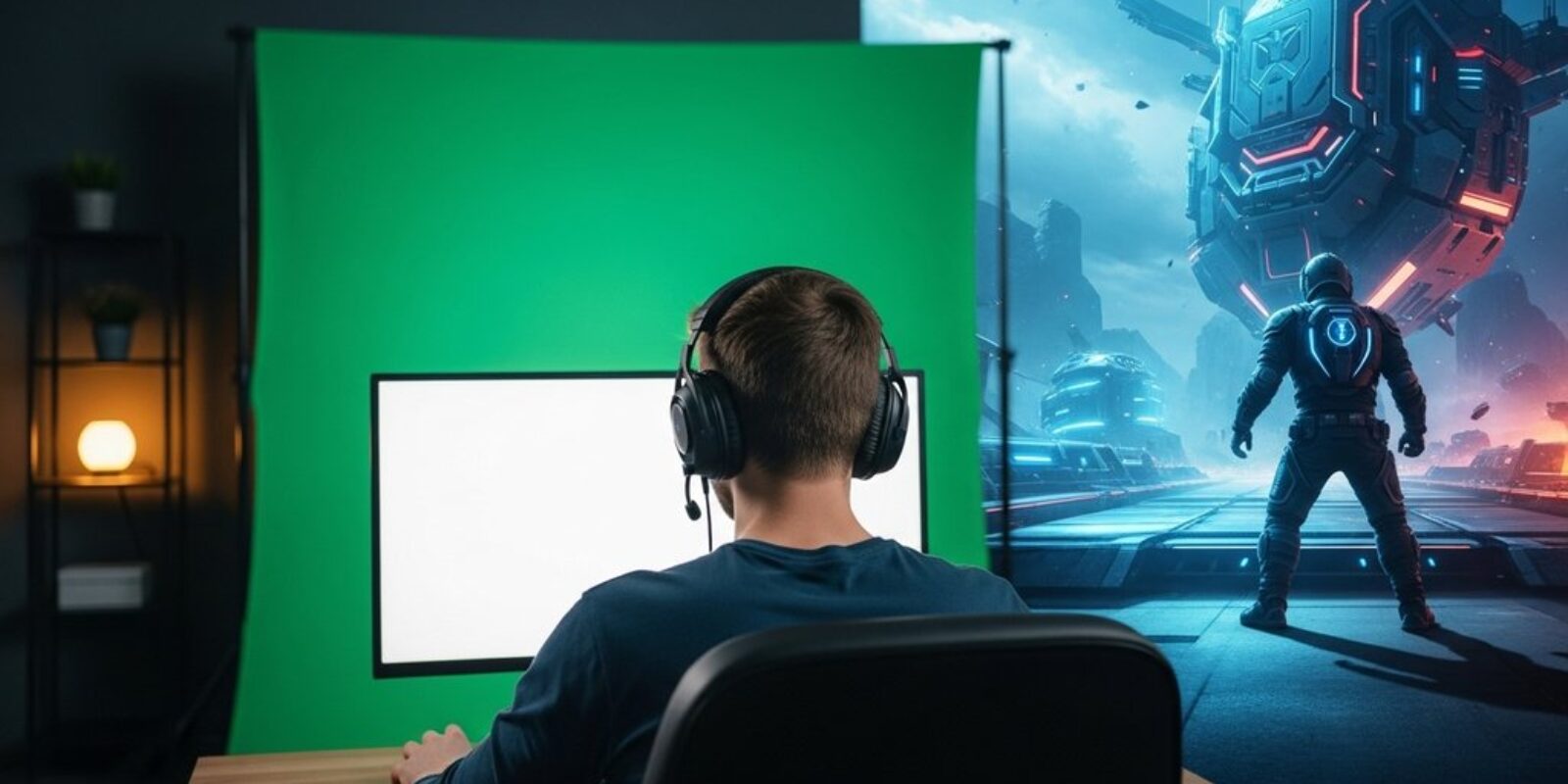 Ein Streamer sitzt vor seinem eingerichteten Greenscreen, auf dem eine Gaming-Szene zu sehen ist.
