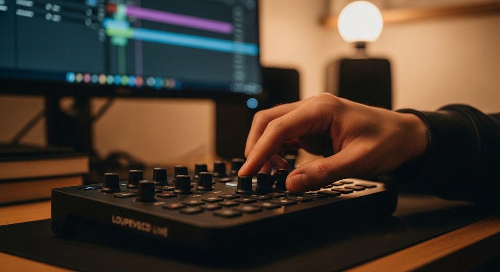 Ein Video-Editor nutzt ein Loupedeck Live zur Steuerung von Schnittsoftware.