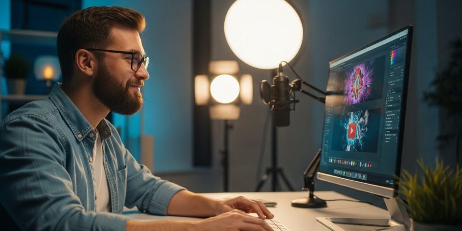 Ein YouTuber erstellt ein professionelles YouTube Thumbnail am Computer und freut sich über das Ergebnis.