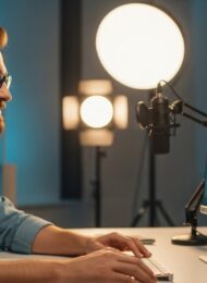 Ein YouTuber erstellt ein professionelles YouTube Thumbnail am Computer und freut sich über das Ergebnis.