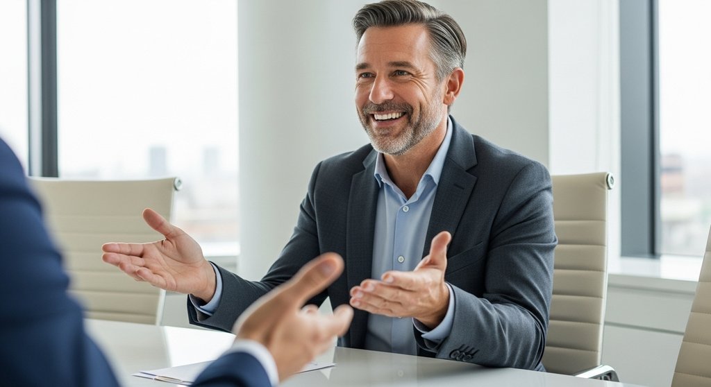Eine Bewerberin überzeugt mit positiver Körpersprache während der Selbstpräsentation im Vorstellungsgespräch.