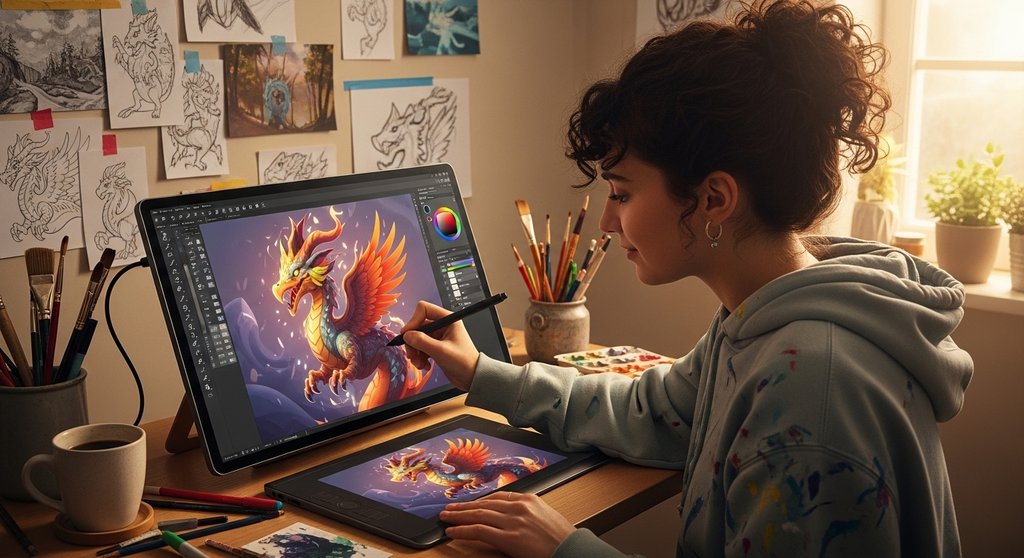 Eine digitale Künstlerin nutzt das kostenlose Programm Krita zum Zeichnen auf einem Grafiktablett.