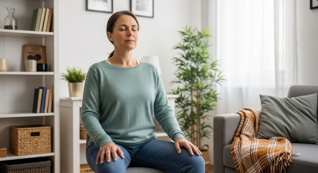 Eine einfache und bequeme Sitzhaltung für die Meditationspraxis für Anfänger auf einem Stuhl.
