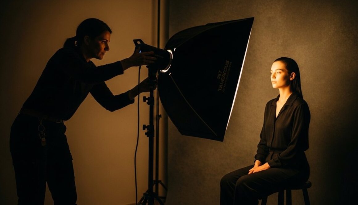 Eine Fotografin bei der professionellen Lichtsetzung für ein Porträtfoto im Studio.