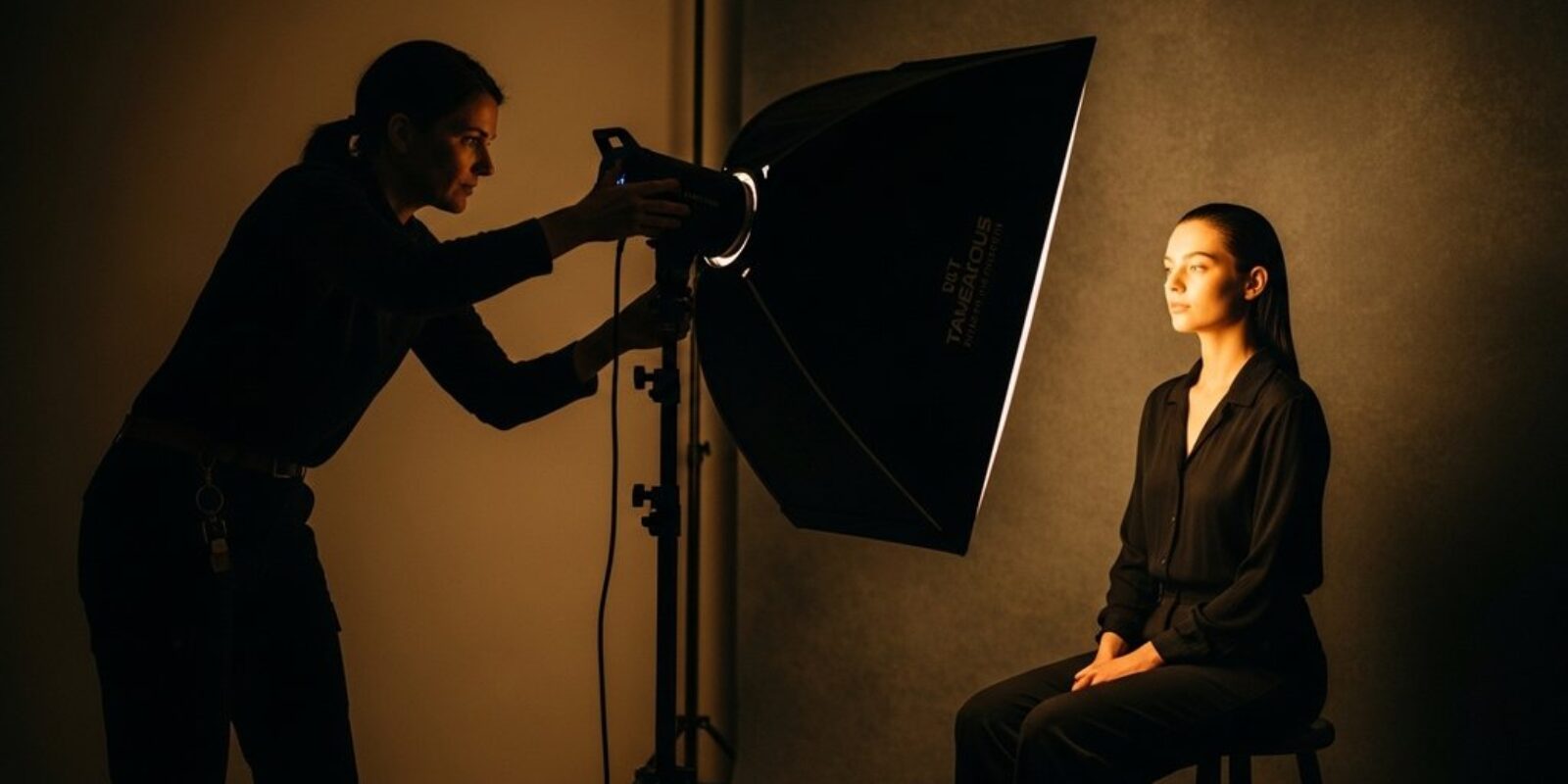 Eine Fotografin bei der professionellen Lichtsetzung für ein Porträtfoto im Studio.