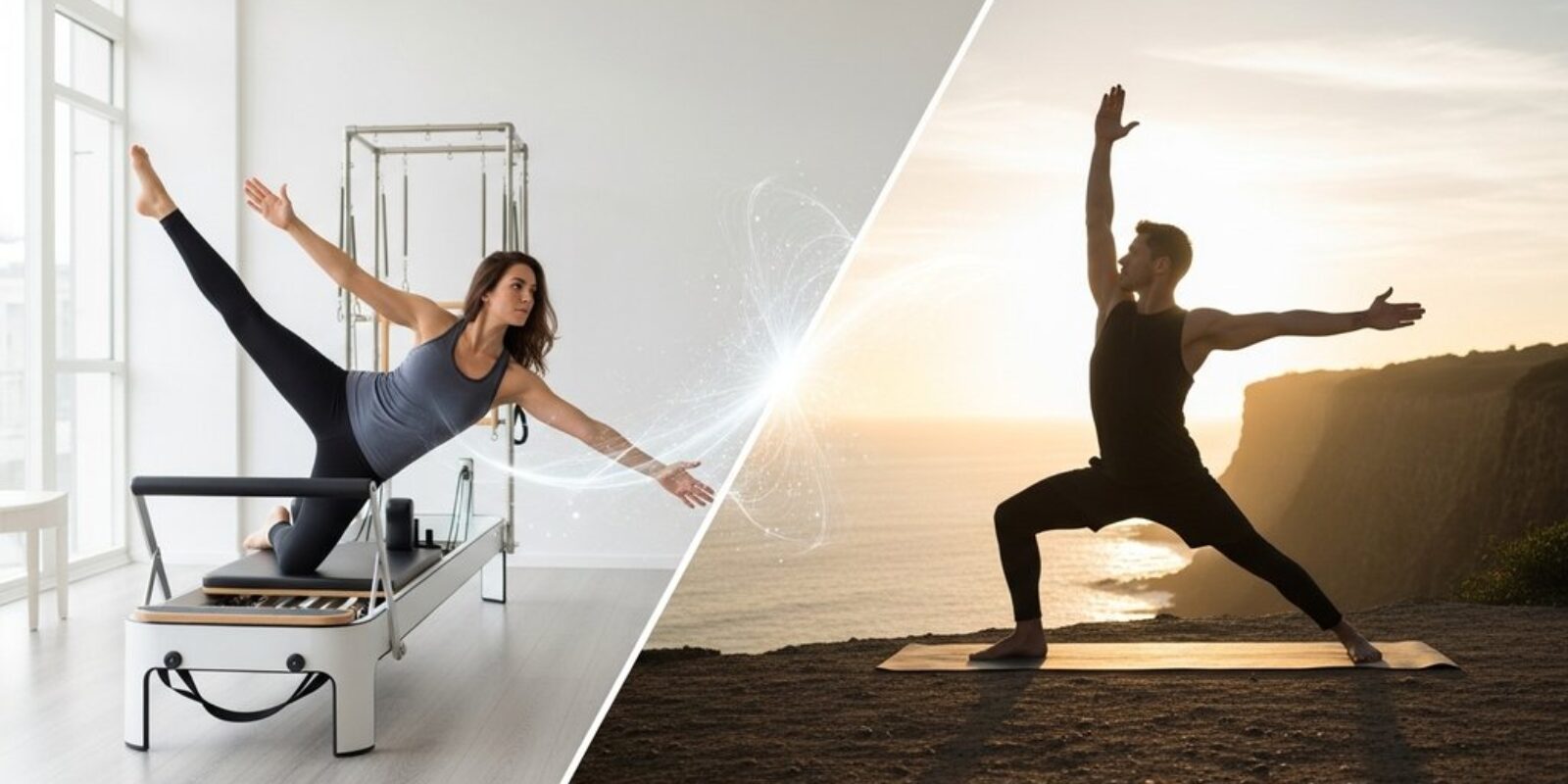 Eine Frau beim Pilates auf dem Reformer und ein Mann in einer Yoga-Pose bei Sonnenaufgang, die den Vergleich zwischen Pilates und Yoga symbolisieren.
