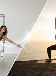 Eine Frau beim Pilates auf dem Reformer und ein Mann in einer Yoga-Pose bei Sonnenaufgang, die den Vergleich zwischen Pilates und Yoga symbolisieren.