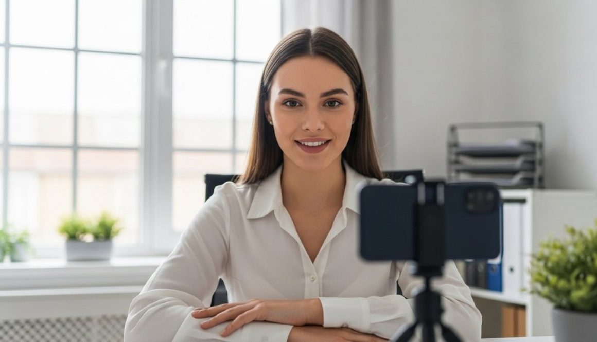 Eine Frau macht ein professionelles Bewerbungsfoto von sich selbst zu Hause.