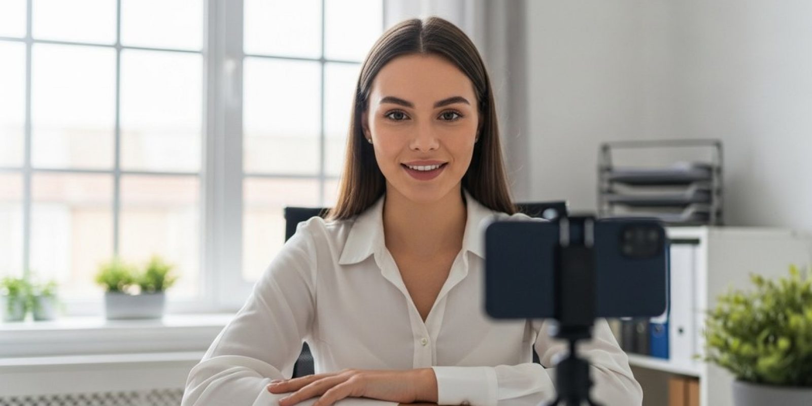 Eine Frau macht ein professionelles Bewerbungsfoto von sich selbst zu Hause.