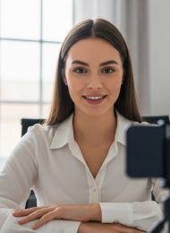 Eine Frau macht ein professionelles Bewerbungsfoto von sich selbst zu Hause.