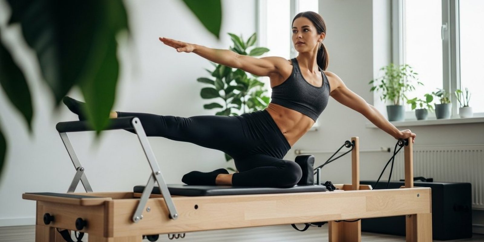 Eine Frau macht eine Pilates Reformer Übung zur Stärkung der Beinmuskulatur.