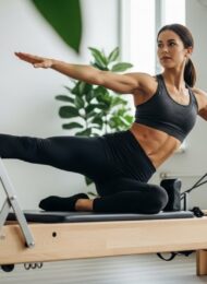 Eine Frau macht eine Pilates Reformer Übung zur Stärkung der Beinmuskulatur.