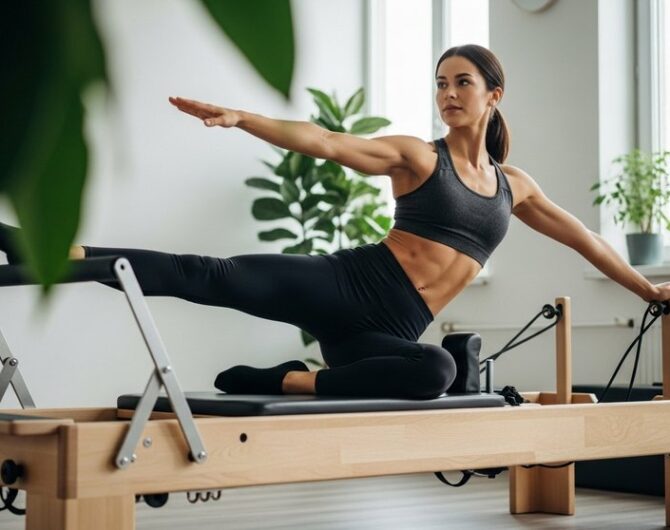 Eine Frau macht eine Pilates Reformer Übung zur Stärkung der Beinmuskulatur.