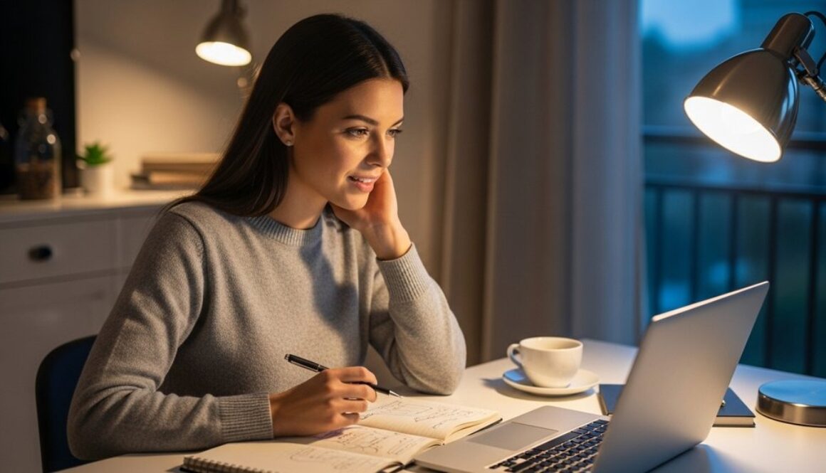 Eine Frau macht sich nebenberuflich selbstständig und arbeitet abends konzentriert am Laptop.