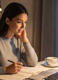 Eine Frau macht sich nebenberuflich selbstständig und arbeitet abends konzentriert am Laptop.