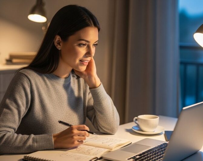 Eine Frau macht sich nebenberuflich selbstständig und arbeitet abends konzentriert am Laptop.