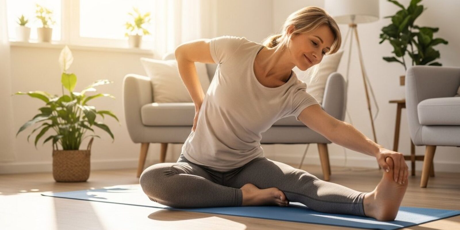 Eine Frau praktiziert eine Yoga-Übung gegen Rückenschmerzen und findet Linderung.