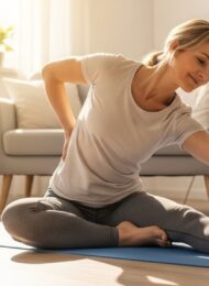 Eine Frau praktiziert eine Yoga-Übung gegen Rückenschmerzen und findet Linderung.