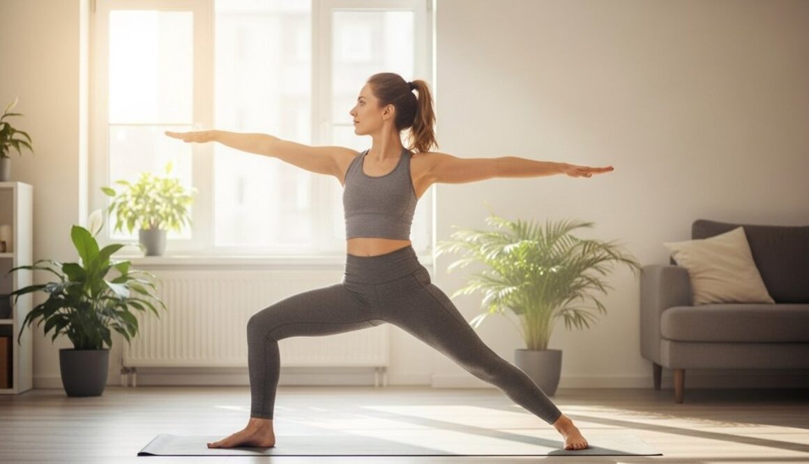 Eine Frau praktiziert eine Yoga-Übung in ihrem sonnigen Wohnzimmer.