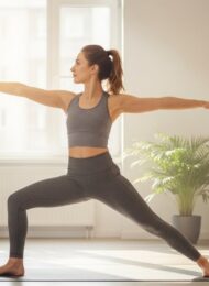 Eine Frau praktiziert eine Yoga-Übung in ihrem sonnigen Wohnzimmer.