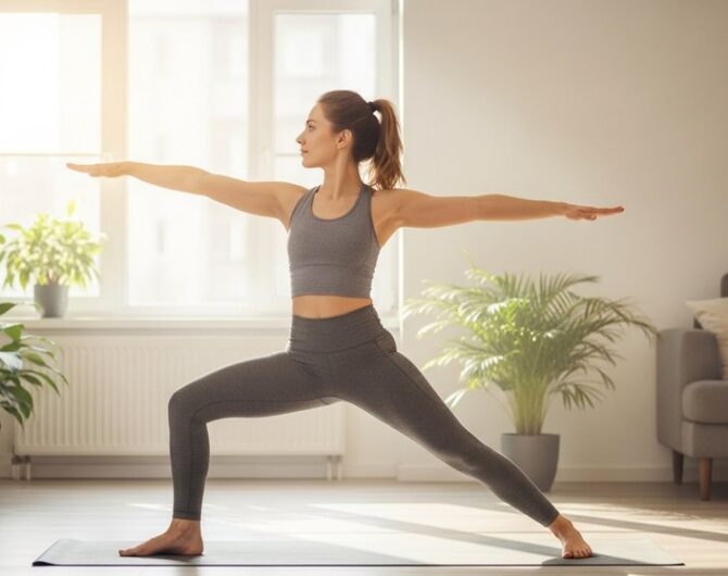 Eine Frau praktiziert eine Yoga-Übung in ihrem sonnigen Wohnzimmer.
