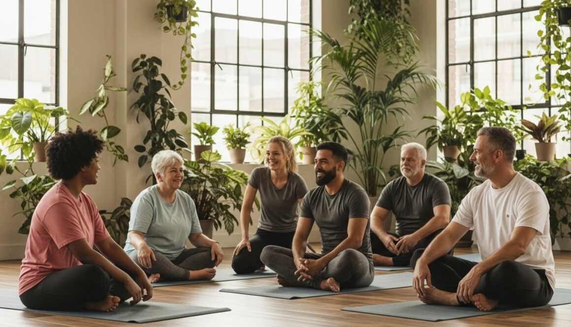 Eine Gruppe von Yoga-Anfängern sitzt entspannt auf Yogamatten in einem hellen Studio.