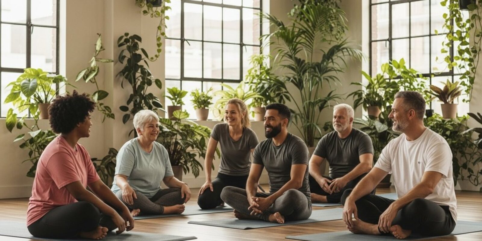 Eine Gruppe von Yoga-Anfängern sitzt entspannt auf Yogamatten in einem hellen Studio.