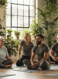 Eine Gruppe von Yoga-Anfängern sitzt entspannt auf Yogamatten in einem hellen Studio.