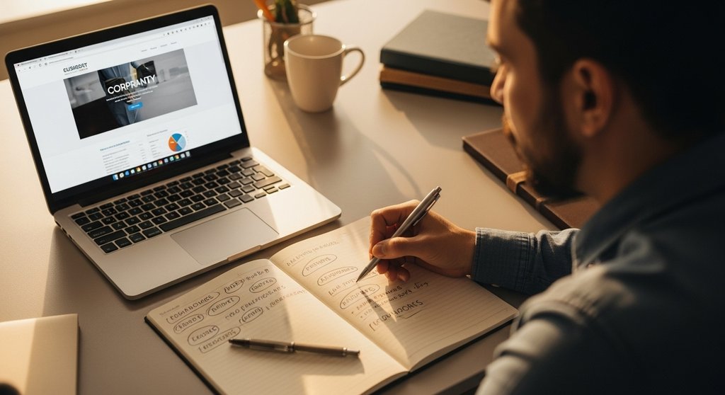 Eine Person analysiert sorgfältig eine Stellenanzeige und eine Unternehmenswebseite als Vorbereitung für die Bewerbung.