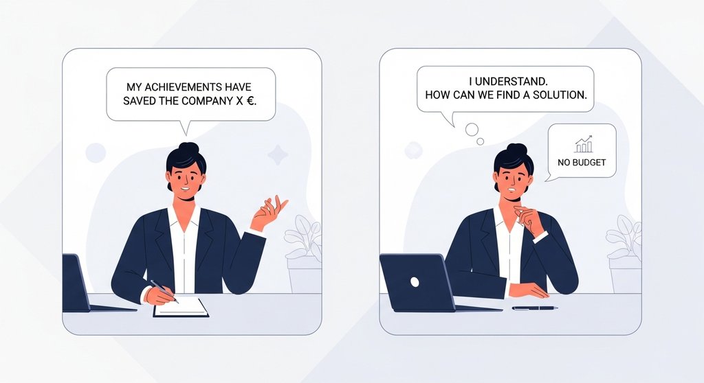 Eine Person, die souverän auf Gegenargumente in der Gehaltsverhandlung reagiert.