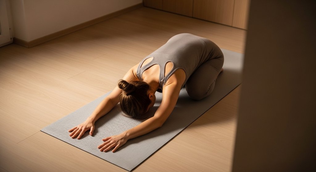 Eine Person entspannt in der Yoga-Kindeshaltung auf einer Matte.