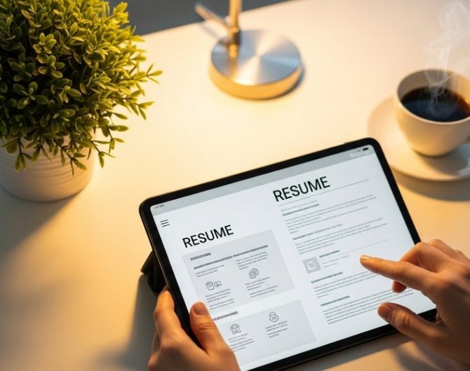 Eine Person finalisiert eine professionelle Lebenslauf Vorlage auf einem Tablet.