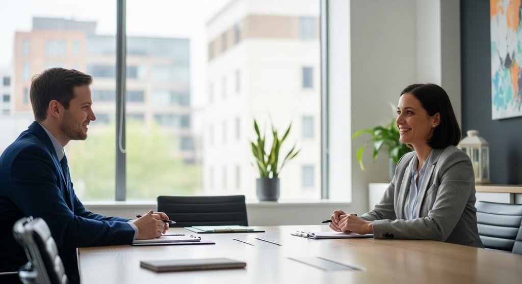 Eine Person führt eine erfolgreiche und positive Gehaltsverhandlung mit dem Vorgesetzten.