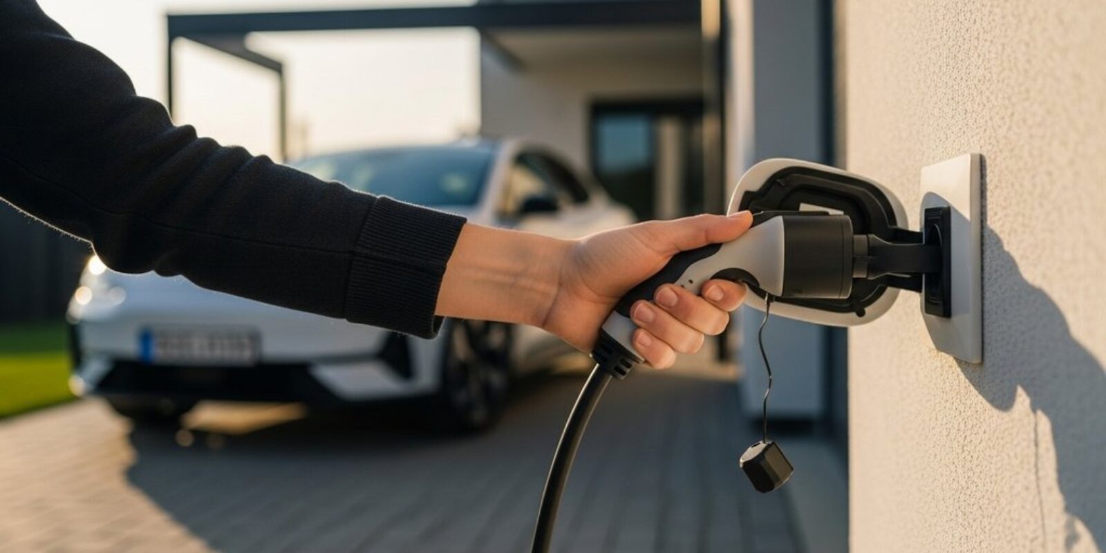 Eine Person lädt ein E-Auto an einer normalen Steckdose mit einem Notladekabel.