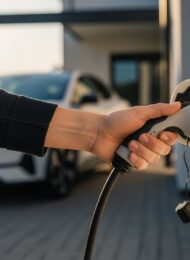 Eine Person lädt ein E-Auto an einer normalen Steckdose mit einem Notladekabel.