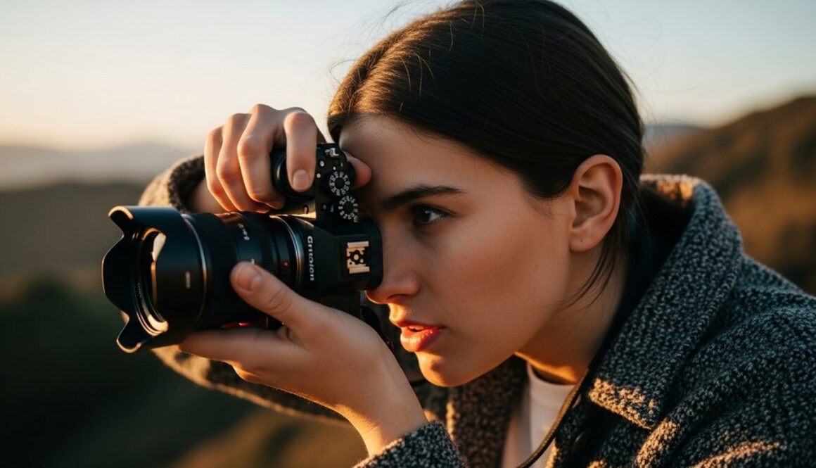 Eine Person lernt fotografieren und blickt kreativ durch den Kamerasucher bei Sonnenuntergang.