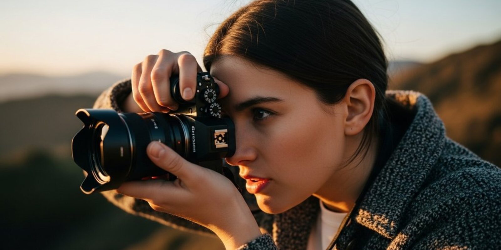 Eine Person lernt fotografieren und blickt kreativ durch den Kamerasucher bei Sonnenuntergang.