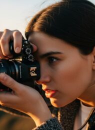 Eine Person lernt fotografieren und blickt kreativ durch den Kamerasucher bei Sonnenuntergang.