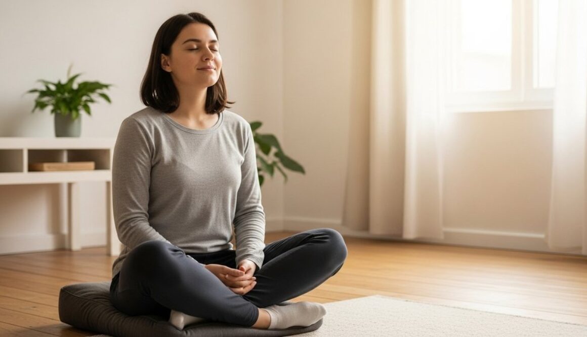 Eine Person meditiert entspannt in einem sonnigen Raum als Einstieg in die Meditation für Anfänger.