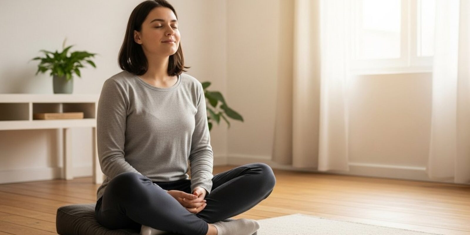 Eine Person meditiert entspannt in einem sonnigen Raum als Einstieg in die Meditation für Anfänger.