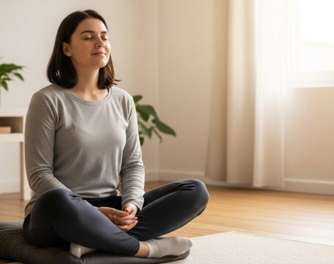 Eine Person meditiert entspannt in einem sonnigen Raum als Einstieg in die Meditation für Anfänger.