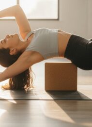 Eine Person nutzt einen Yogablock zur Unterstützung in der Halbmond-Pose, um die richtige Ausrichtung zu demonstrieren.
