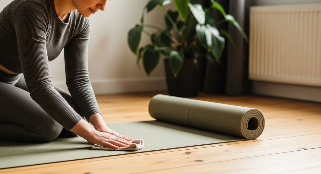 Eine Person pflegt ihre Yogamatte mit einem Tuch für eine lange Haltbarkeit.