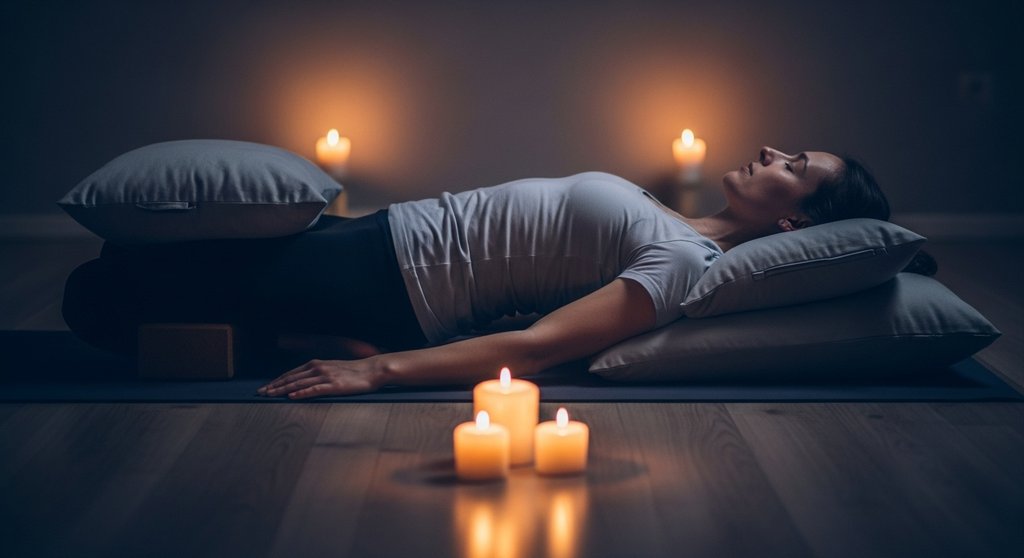 Eine Person praktiziert eine entspannende Yin-Yoga-Pose bei Kerzenlicht.