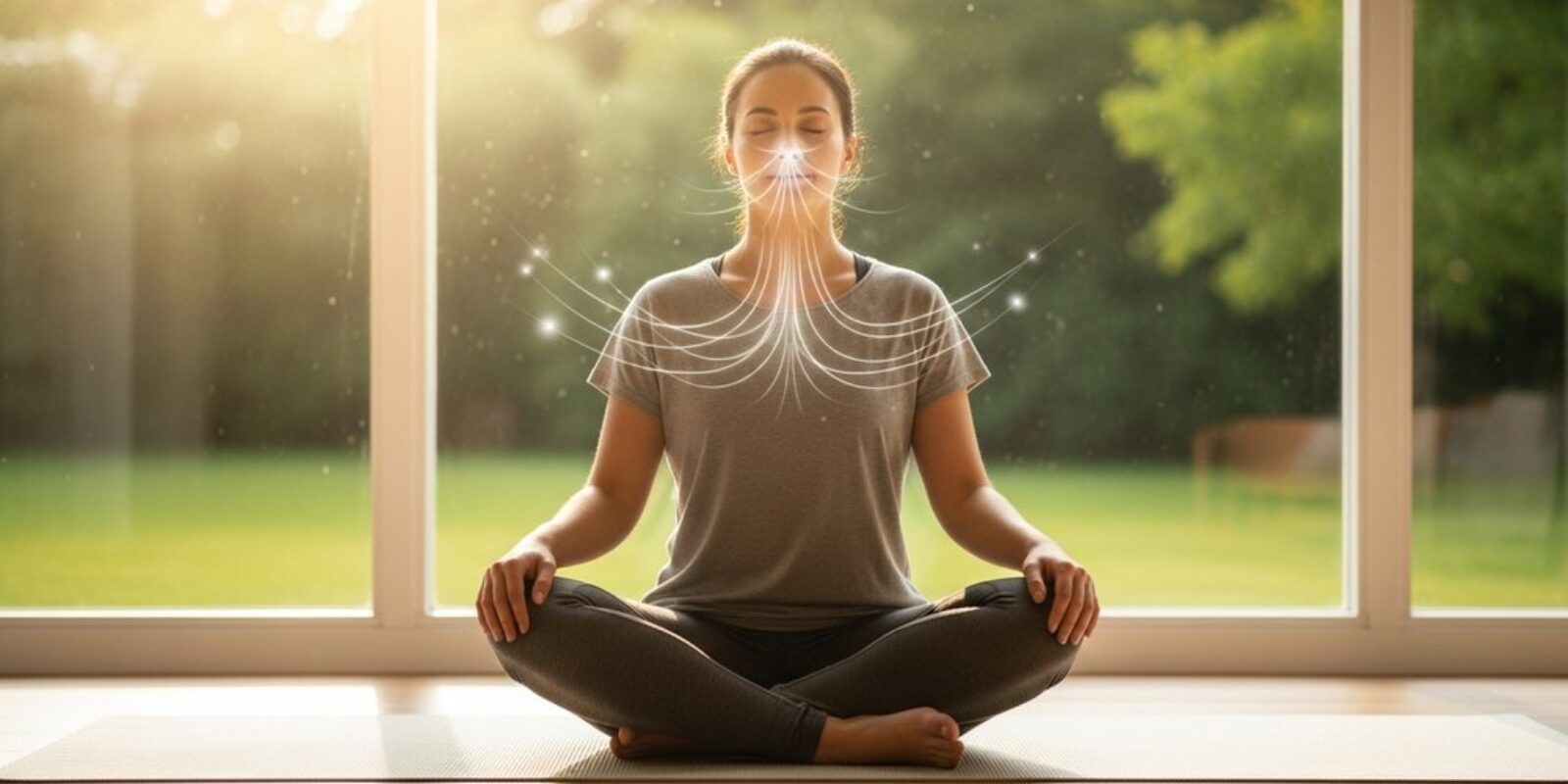 Eine Person praktiziert Pranayama für Anfänger und findet durch bewusstes Atmen zur Ruhe.