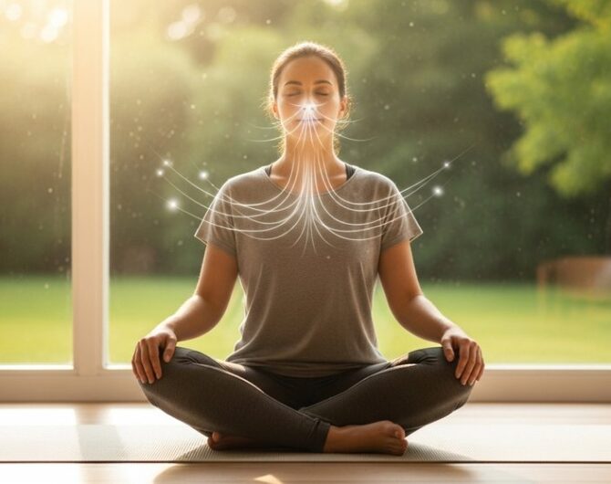 Eine Person praktiziert Pranayama für Anfänger und findet durch bewusstes Atmen zur Ruhe.