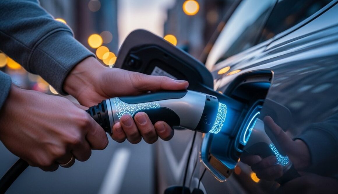 Eine Person schließt ein leuchtendes Ladekabel an ein E-Auto an, um die Ladeleistung zu demonstrieren.