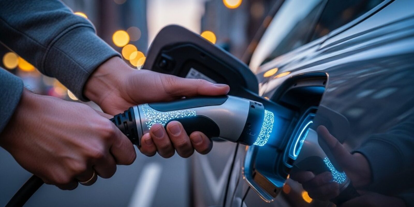 Eine Person schließt ein leuchtendes Ladekabel an ein E-Auto an, um die Ladeleistung zu demonstrieren.