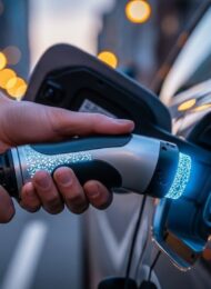 Eine Person schließt ein leuchtendes Ladekabel an ein E-Auto an, um die Ladeleistung zu demonstrieren.
