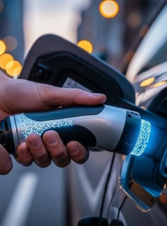 Eine Person schließt ein leuchtendes Ladekabel an ein E-Auto an, um die Ladeleistung zu demonstrieren.